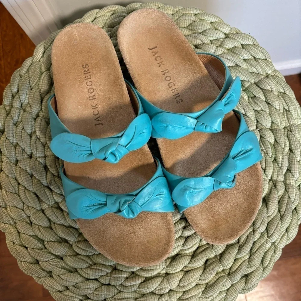 Jack Rogers Rose Aqua Blue Leather Double Knot Slide Flat Sandals Size 9